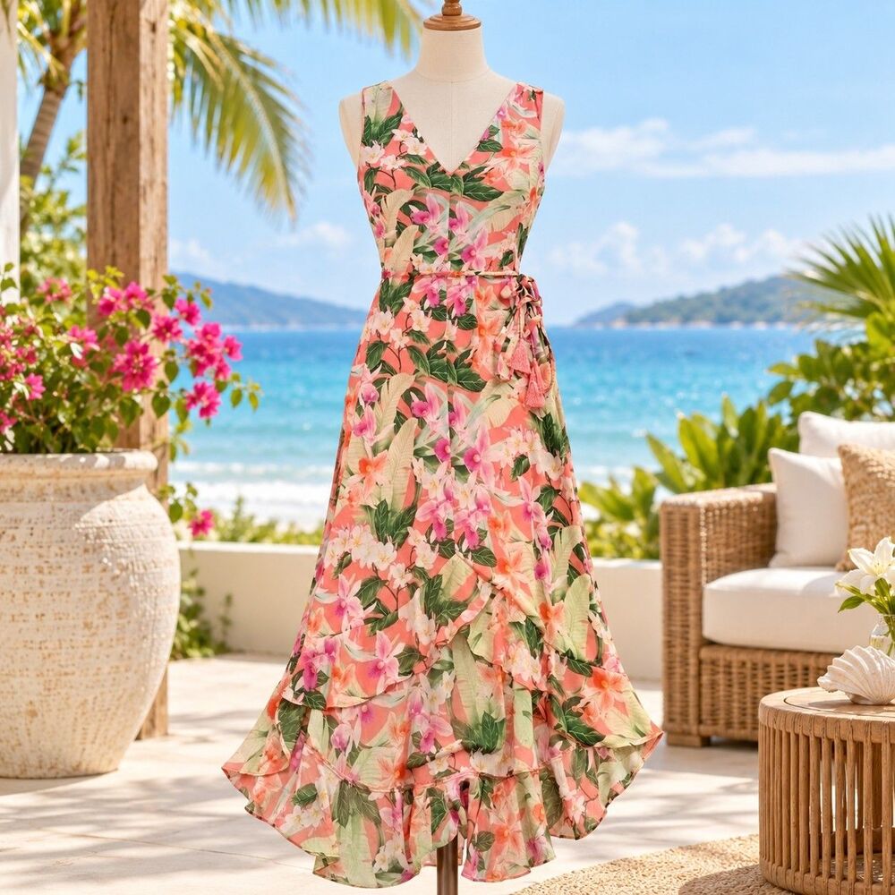 Tommy Bahama Dress Womens M Tropical Floral Maxi Wrap Ruffle Hem NWT $198